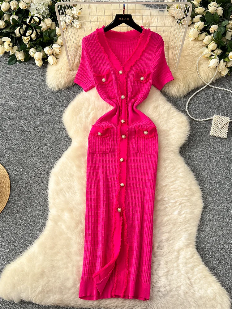 SINGREINY High Quality Elastic Knitted Long Sundress Women Short Sleeves Button Design Office Lady Vintage Split Slim Dress