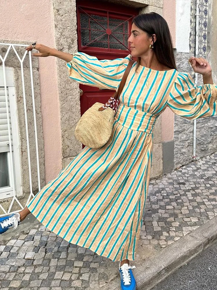 Casual Striped Lantern Sleeve Long Dress Women Fashion O-neck Backless Lace Up Female Dresses 2024 Summer Lady Holiday Robes New