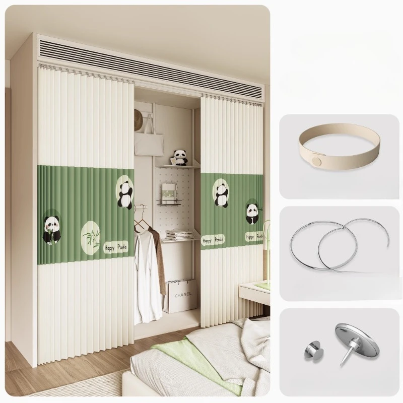 Folding Wardrobe Curtain Without Doors, Cabinet Dust-proof Door Curtain, Folding Slide Rail Pull Curtain, Wardrobe Room Curtain