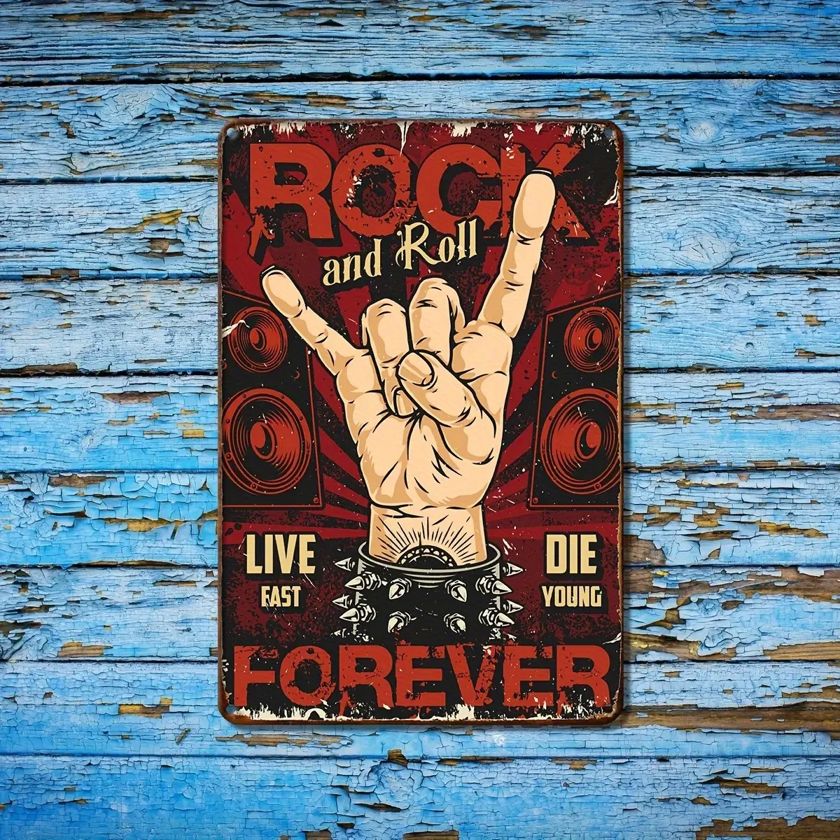 Rock and Roll Metal Tin Sign - Heavy Metal Music Poster with Rock Hand Gesture - Red & Black Retro Garage, Bar, for Man Cave, L
