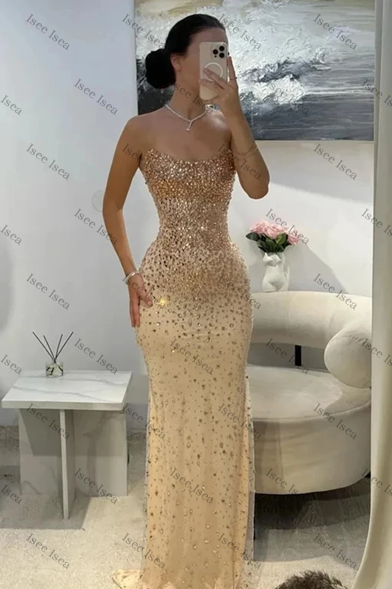 Amarelo deslumbrante vestidos de noite sem alças vestido de gala alta fenda sereia vestidos rosa romântico lantejoulas maxi vestido de baile personalizado