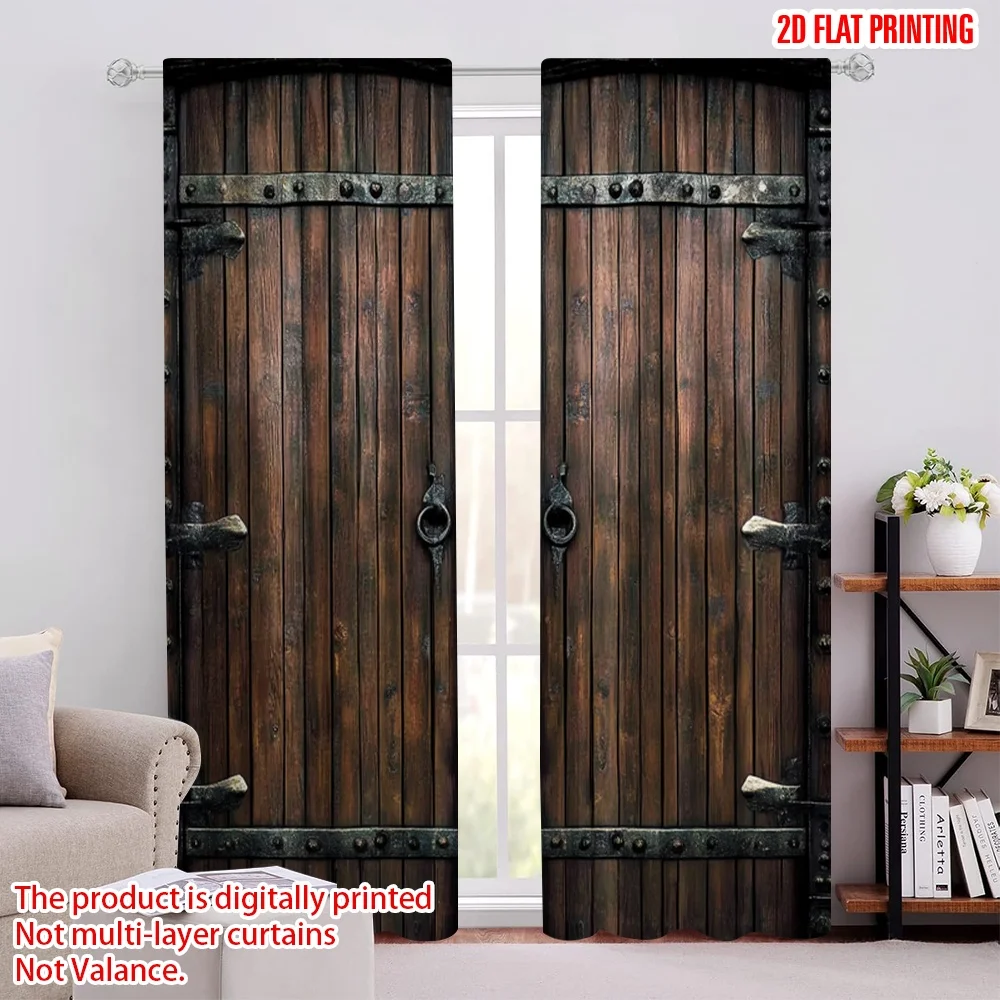 2pcs 2D flat printing Scene Curtain Nostalgic style wooden door Polyester Without Electricity Festive Holiday Perfect for