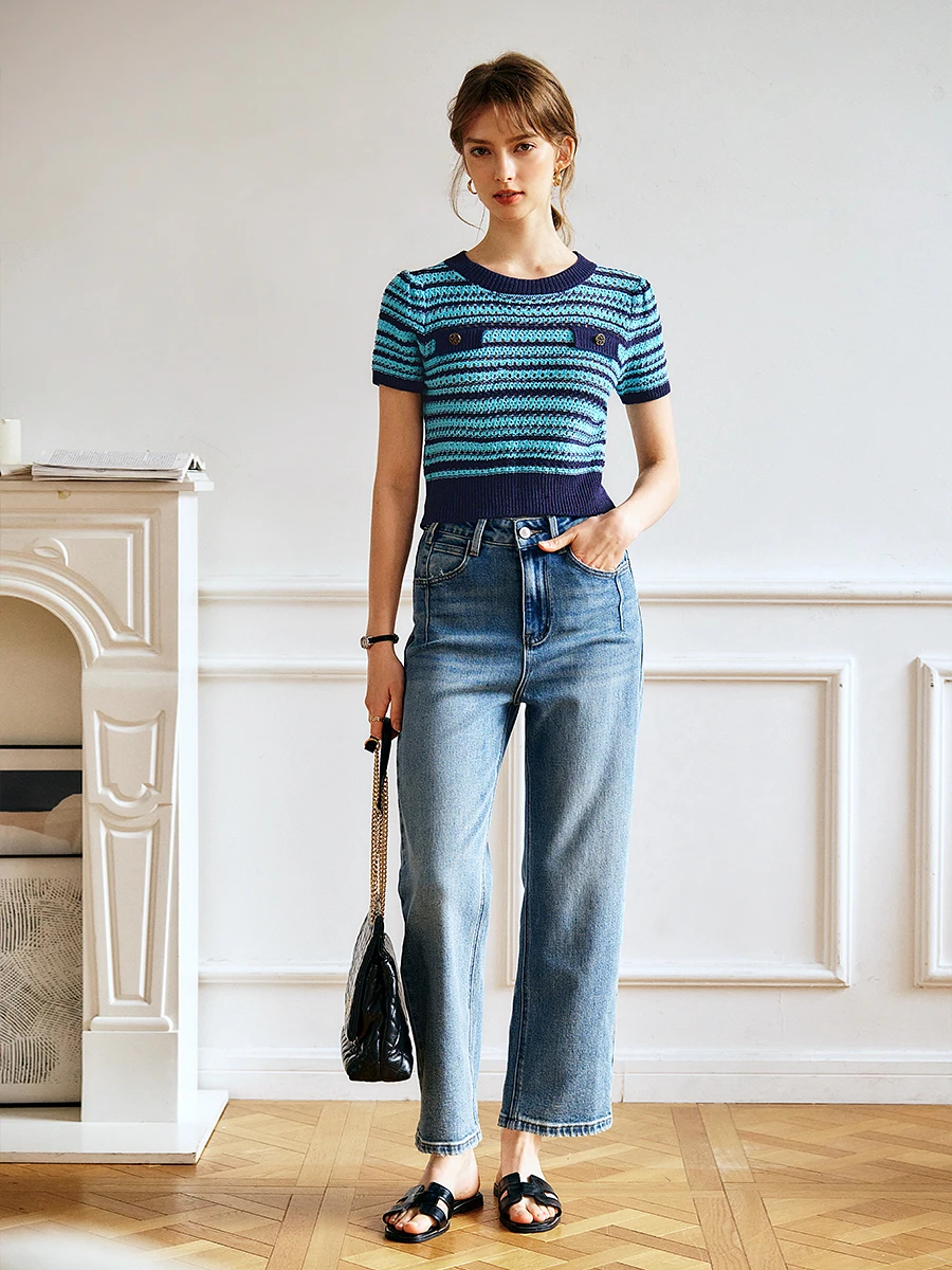 

OLrain Women's Blue Straight-Leg Jeans for Woman 2025 Cropped Cigarette Pants Ladies Denim Trouses Female Clothes N57CA96330