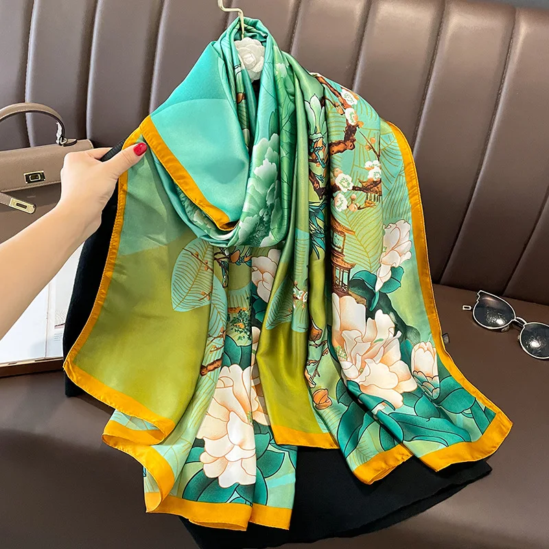 Écharpe de Luxe à Motif Floral pour Femme, Châle Enveloppant, Hijab, Bande de Sauna, Foulard, Étoles de Plage, 100% x 90cm, 180