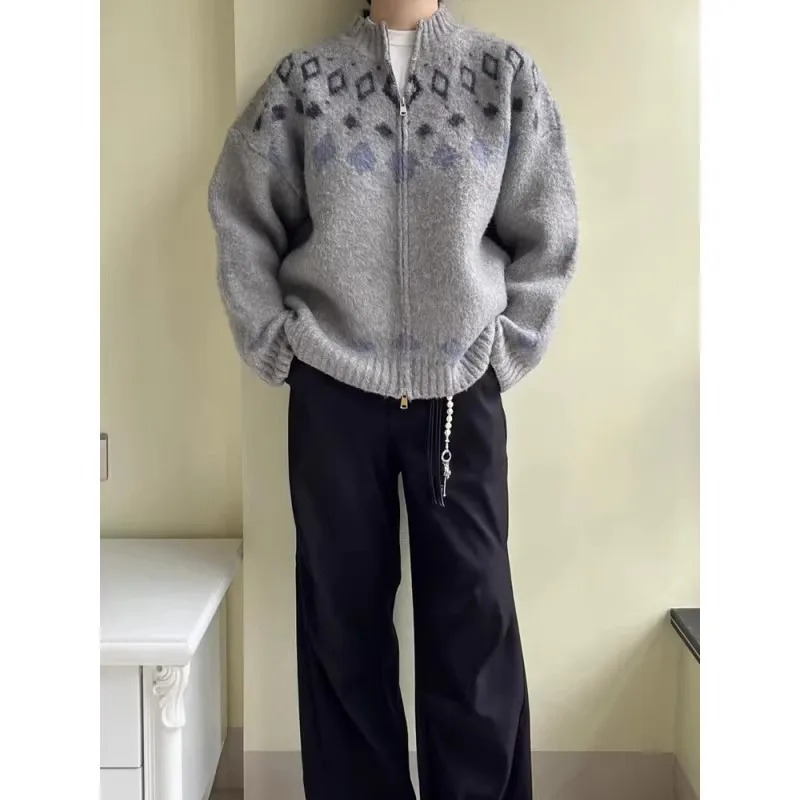 

Retro Japanese Sle Fair Isle Knitted Cardigan Sweater Men's Winter Vintage Lazy Flower Pattern Diamond id Knitwear