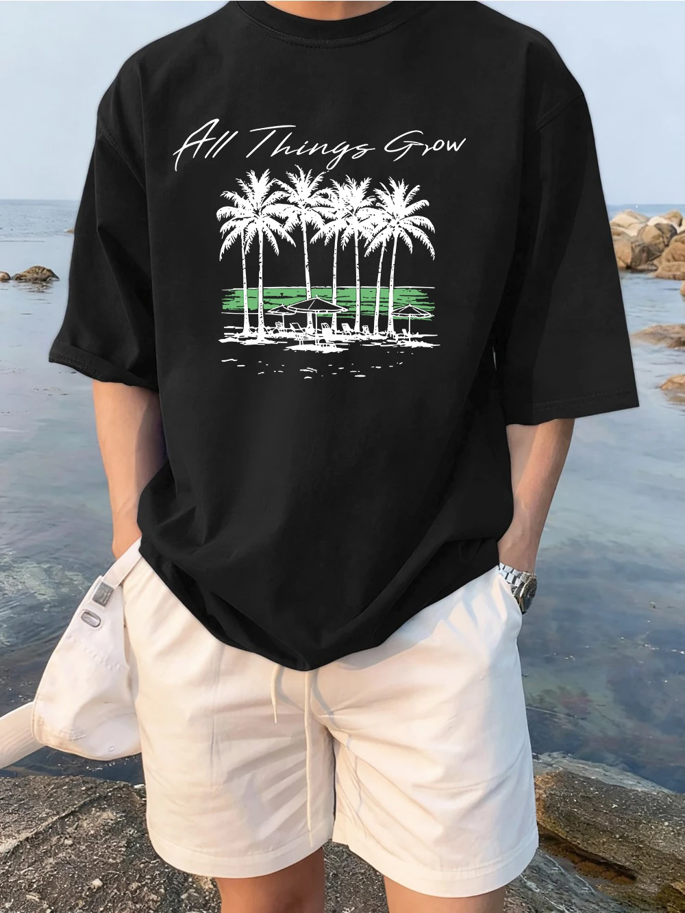 All Things Grow Beach Print Men Simple Daily T-Shirt Sport Loose Short Sleeve O-Neck Cotton Tee Casual Trendy Top Street Clothes