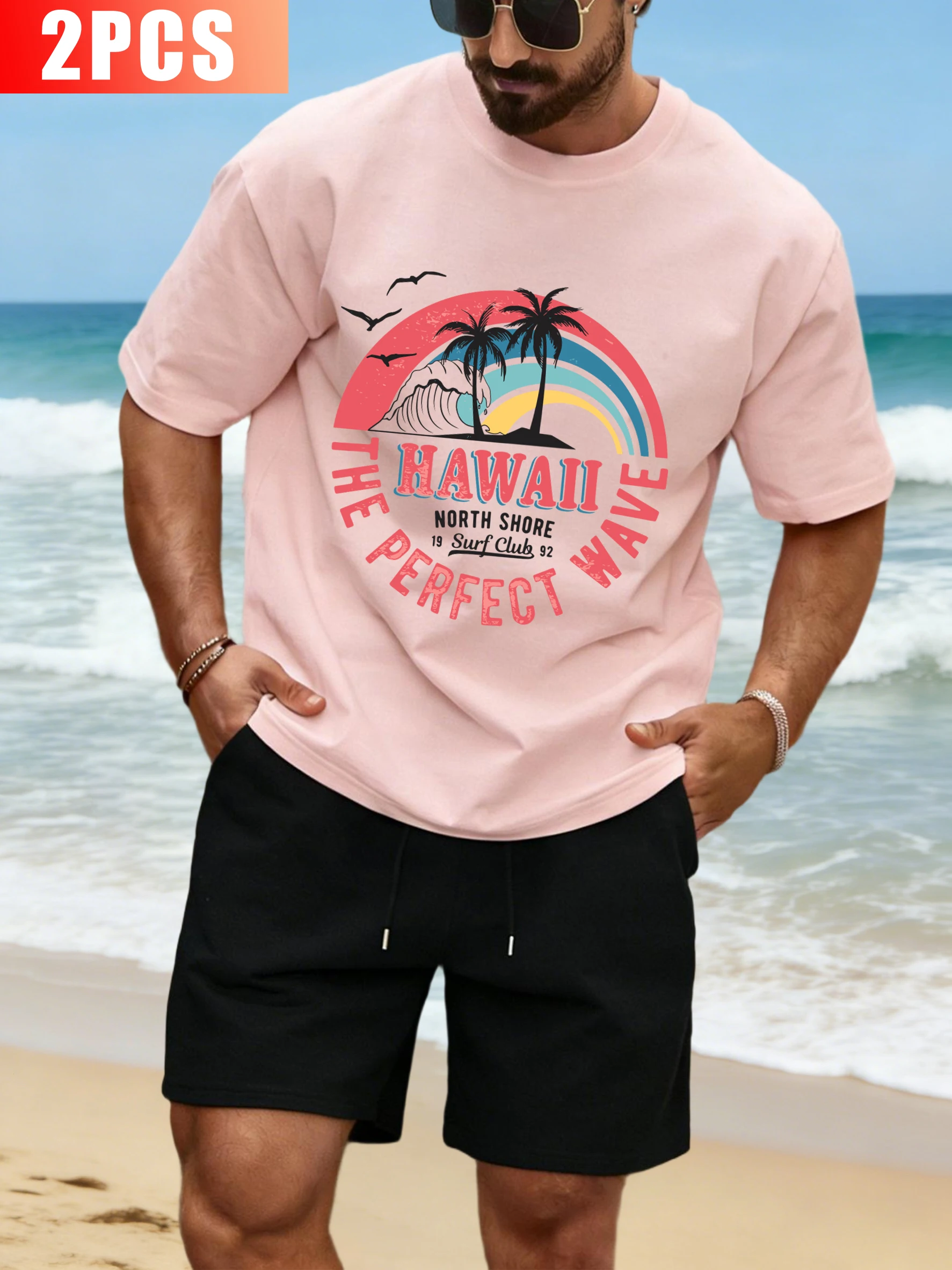

The Perfect Wave Hawall Printing Men T-Shirts Suit Cotton O-Neck Tee Fashion Loose Streetsuit Unisex Pocket Summer Shorts