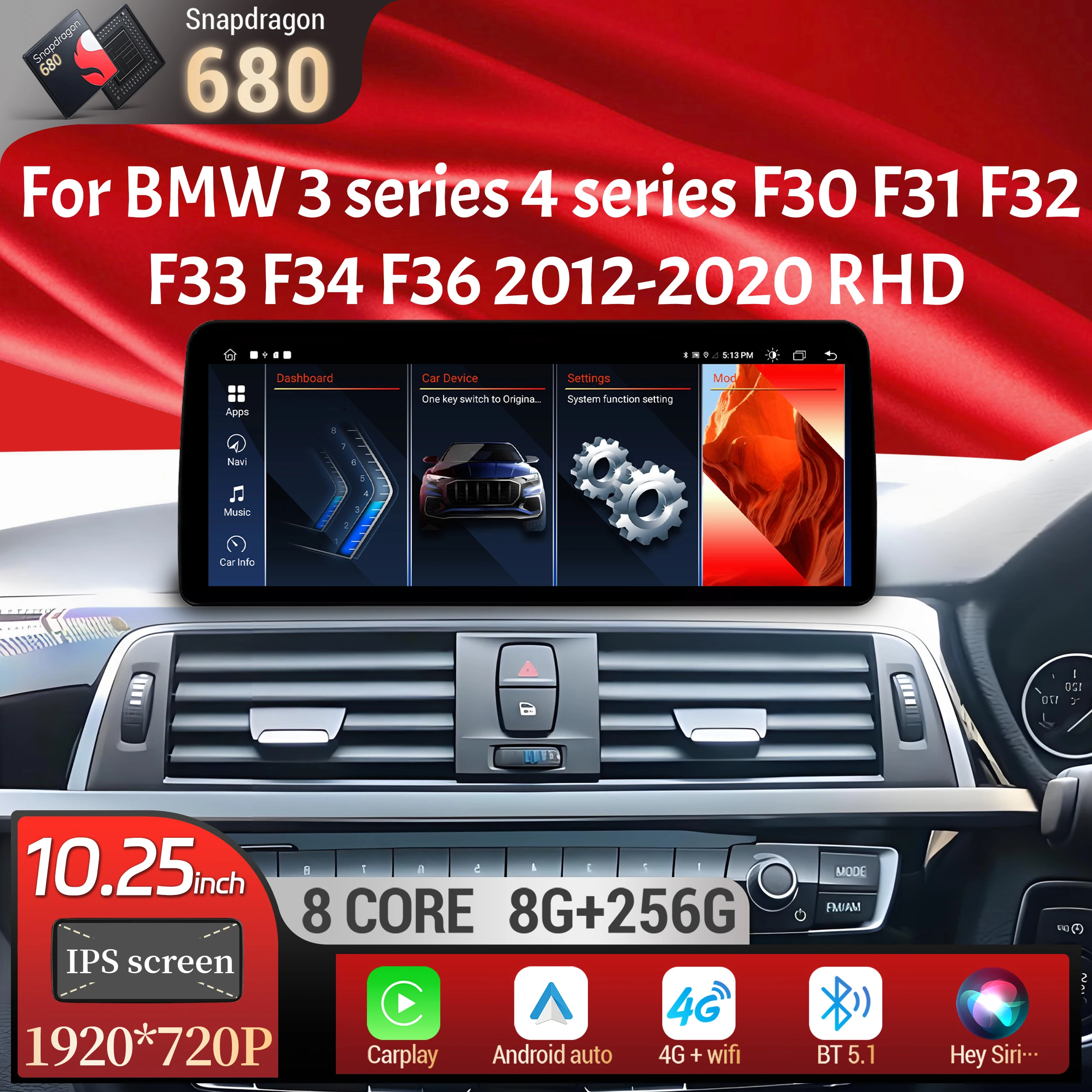 

10.25 inch RHD Android 13 For BMW 3 series 4 series F30 F31 F32 F33 F34 F36 2012-2020 Car Radio BT Carplay Snapdragon 680 Screen