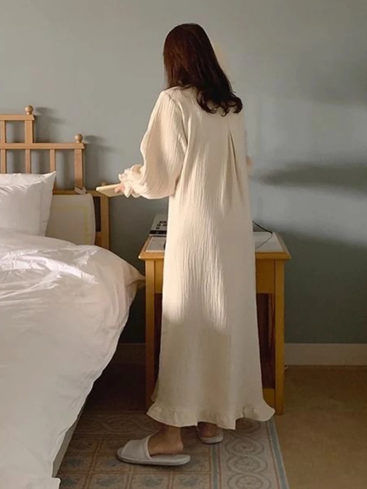 Long Sleeve Nightgowns Women Simple Cute Nightdress Korean Autumn Sweet Girls Round Neck Sleepwear Fashion Leisure Cozy Lounge - Image 4
