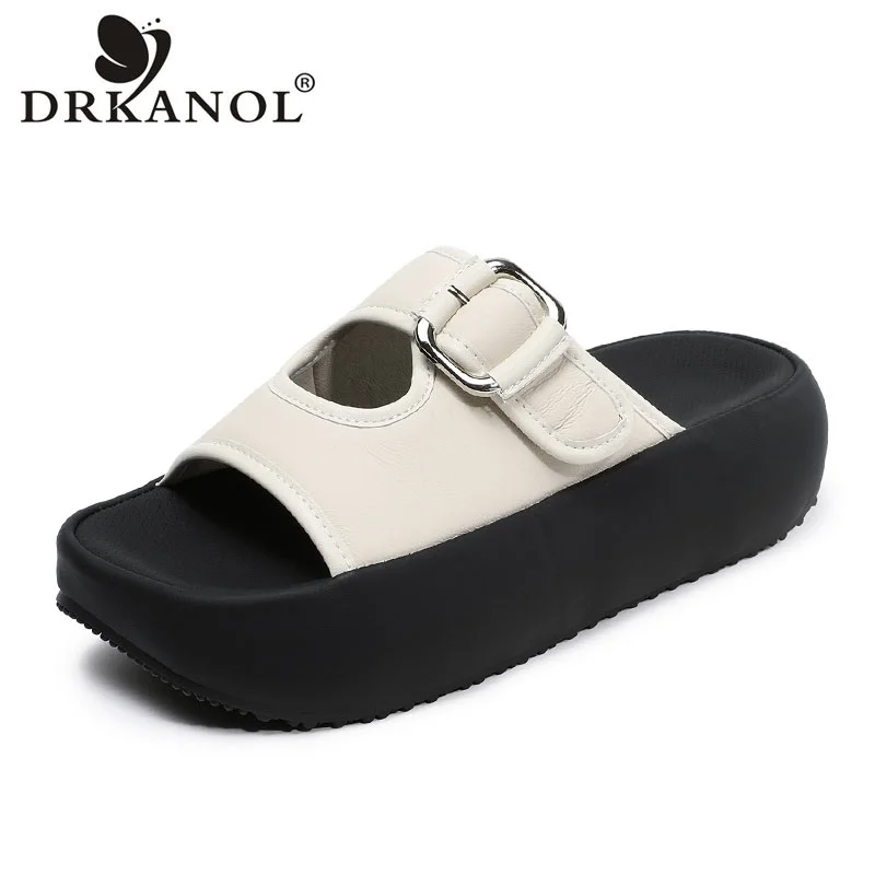 DRKANOL Summer Casual Flat Platform Slippers Women Concise Genuine Leather Sheepskin Open Toe Hollow Out Sandals Slippers Lady