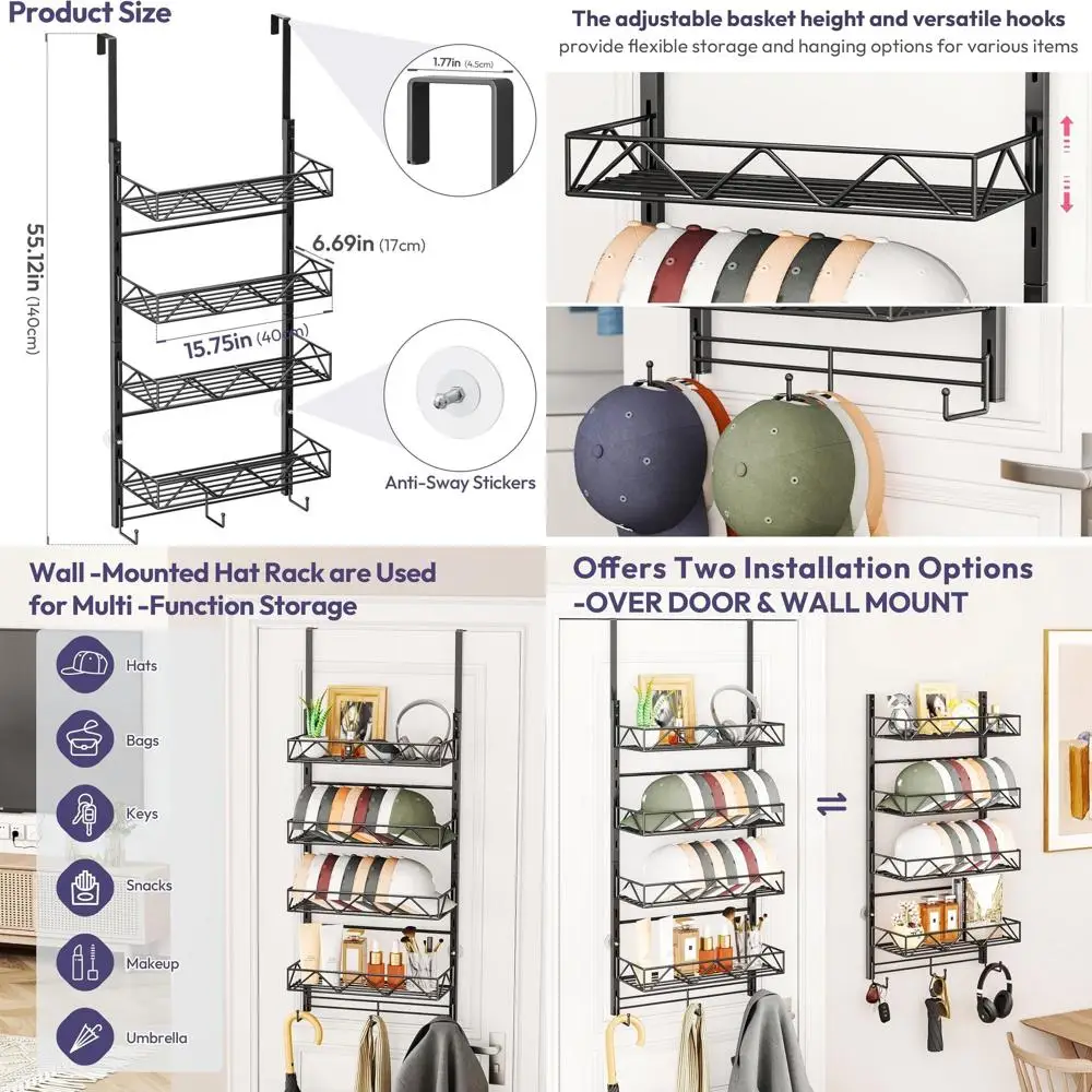 

5-Tier Wall-Mounted Hat Rack with Adjustable Baskets and Hooks for Storage in Entryway, Bedroom, or Closet