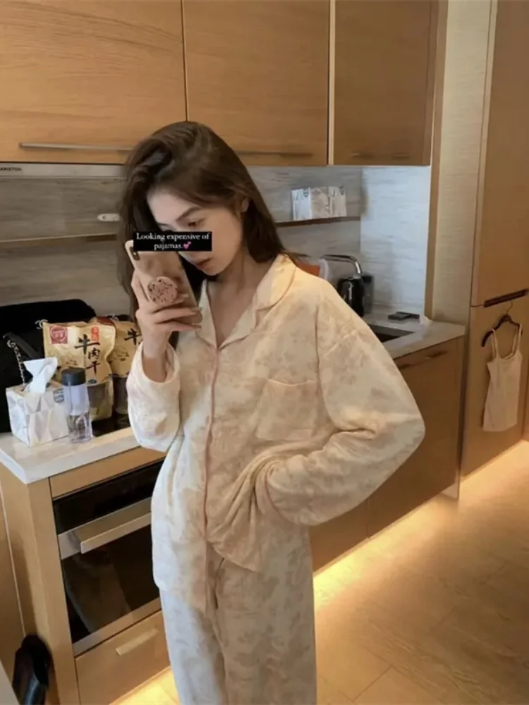 

Длинные брюки из чистого хлопка, комплект одежды для женщин, весенне-осенняя модная домашняя одежда, удобная повседневная одежда с цветочным принтом