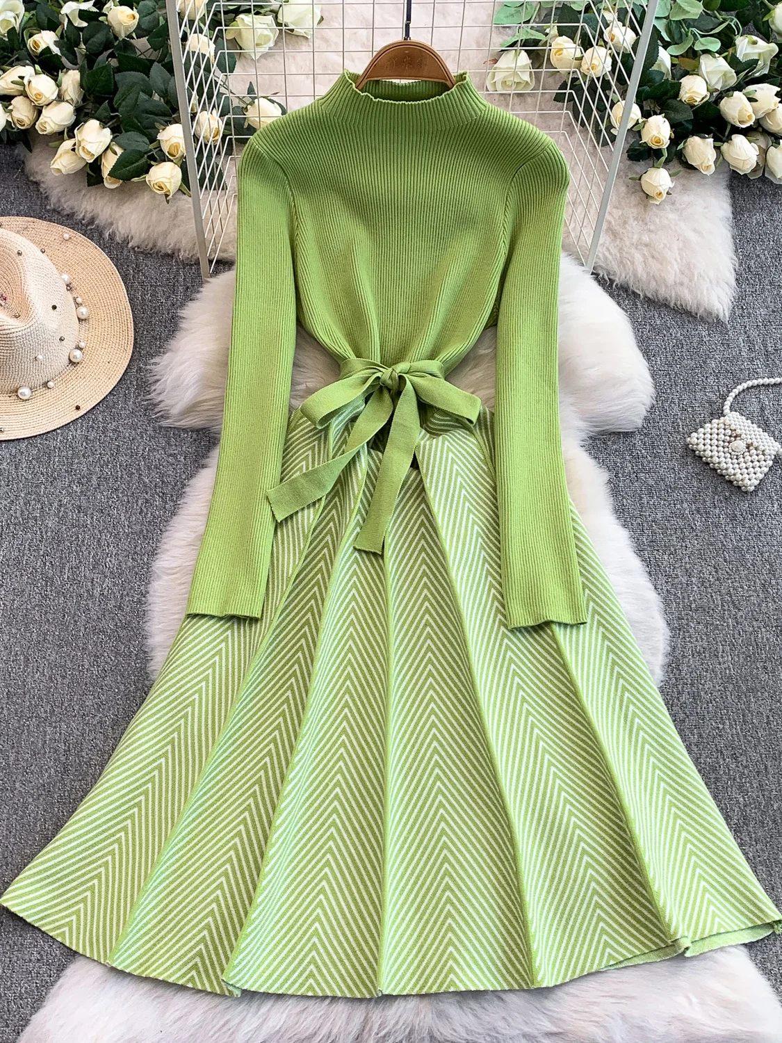 Ele tricoté longue Dr femmes automne hiver minceur rayure taille haute ceinturée Midi Dr Ci trajet a-ligne jupe