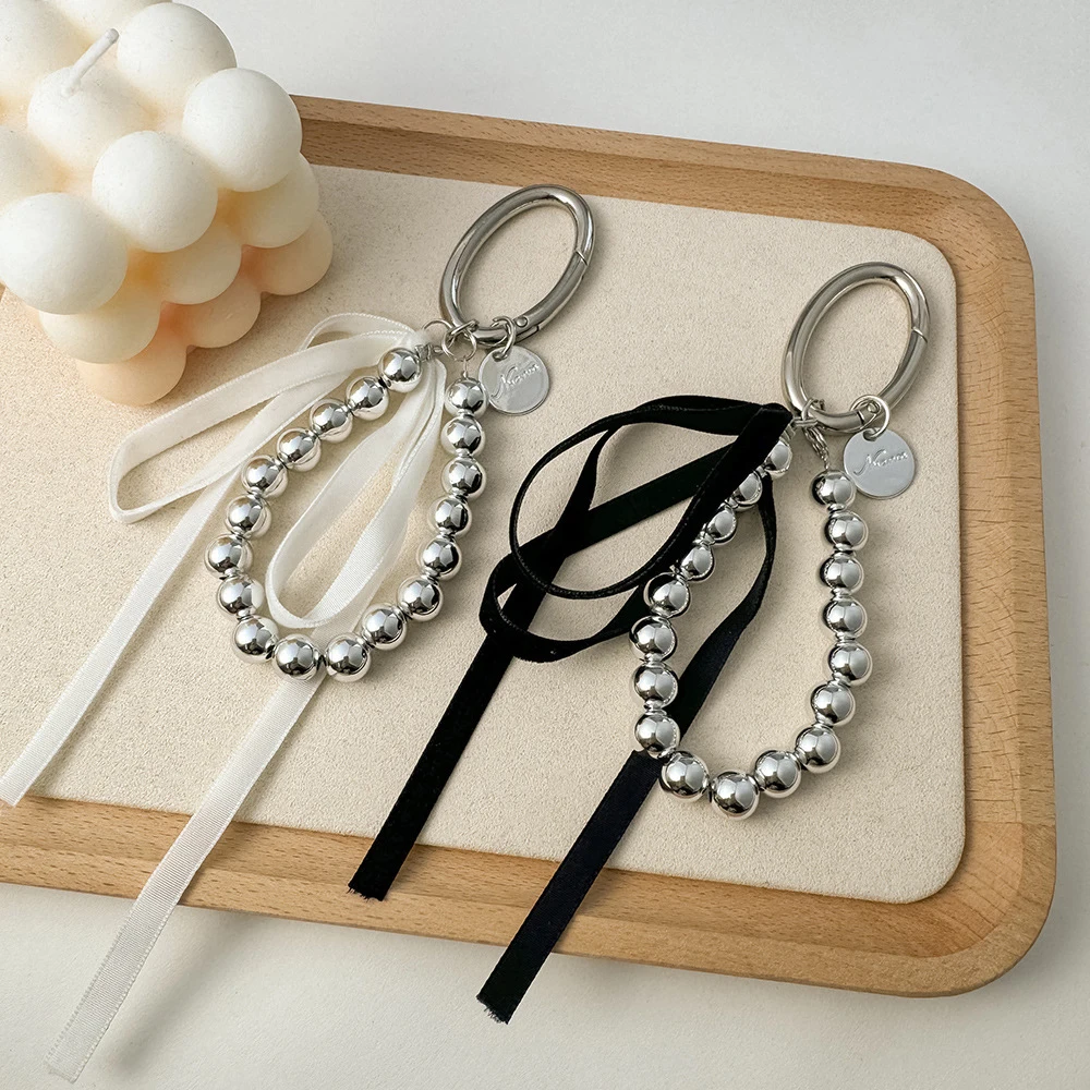 Ins Style Pearl Beads Key Chain Ribbon Bowknot Bag Decor Phone Ornament Mobile Phone Keychain Key Rings Jewelry Accessories