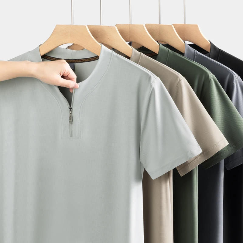 Big Size 9XL Men's Ice Silk Henley Shirt Half Zip Up T-Shirt Male Summer Cool Plus Large Stretch Short Sleeve T Loose Fit Tshirt view 3