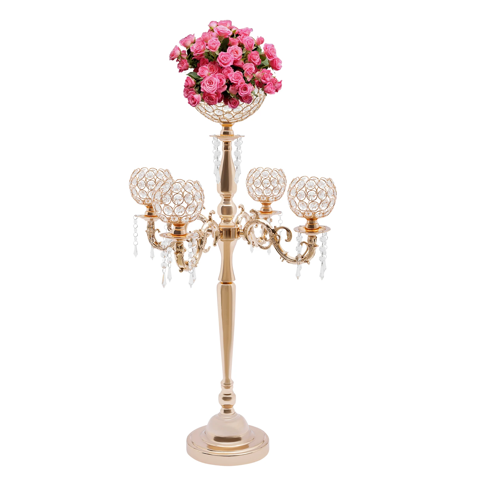 

Gold Centerpieces for Table, 5 Arm Crystal Candelabra Holder with Pendant, 4 Candle Slots & 1 Flower Vase, Table Centerpiece