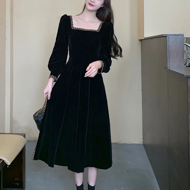 Small French black dress new spring and autumn bubble sleeve square collar long skirt tide