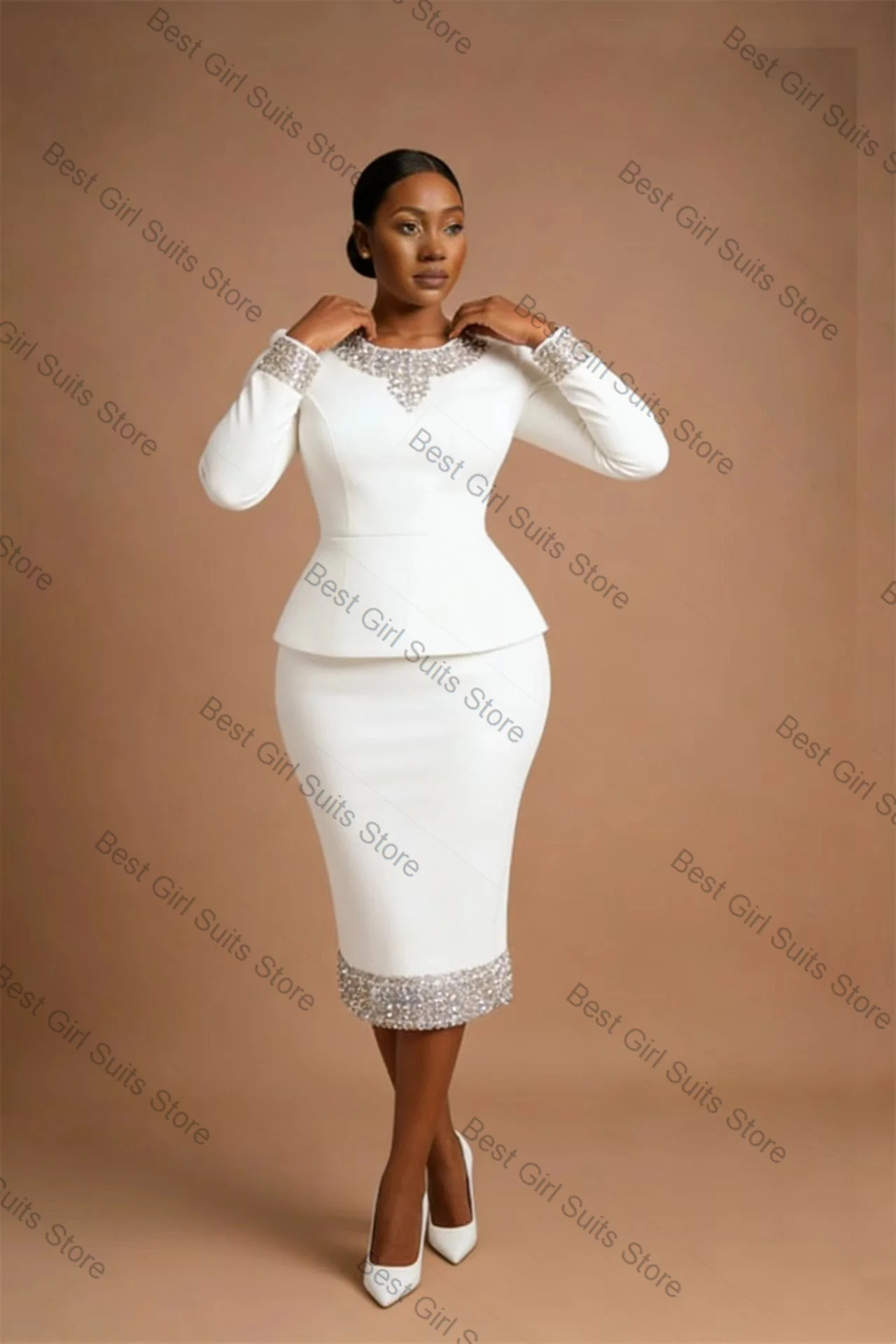 

Белый женский костюм-двойка: хлопковый блейзер и платье для выпускного вечера с кристаллами, весенний, для офиса, на заказ, свадебный пиджак