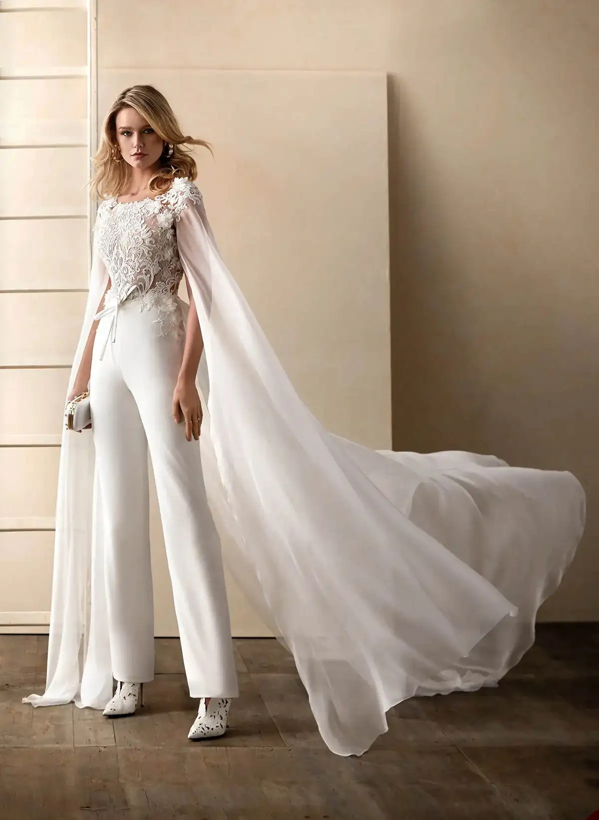 Classic Evening Dress Jumpsuits With Cloak 3D Appliques  O Neck Sleeveless Jumpsuit Bride Pant Suit  Custom Made High Quality