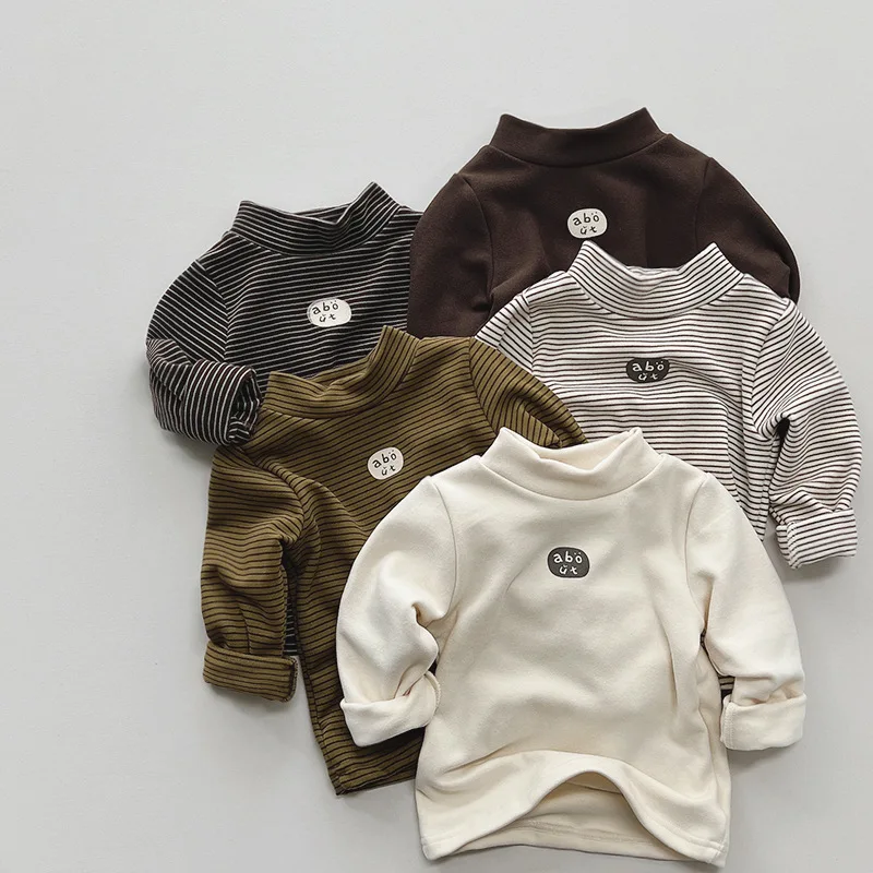 

Winter Baby Girls Boys Cotton Striped Turtleneck Brushed Fleece Base Shirt Kids Pullover Top Children Inner Fit T-Shirt 1-8Years