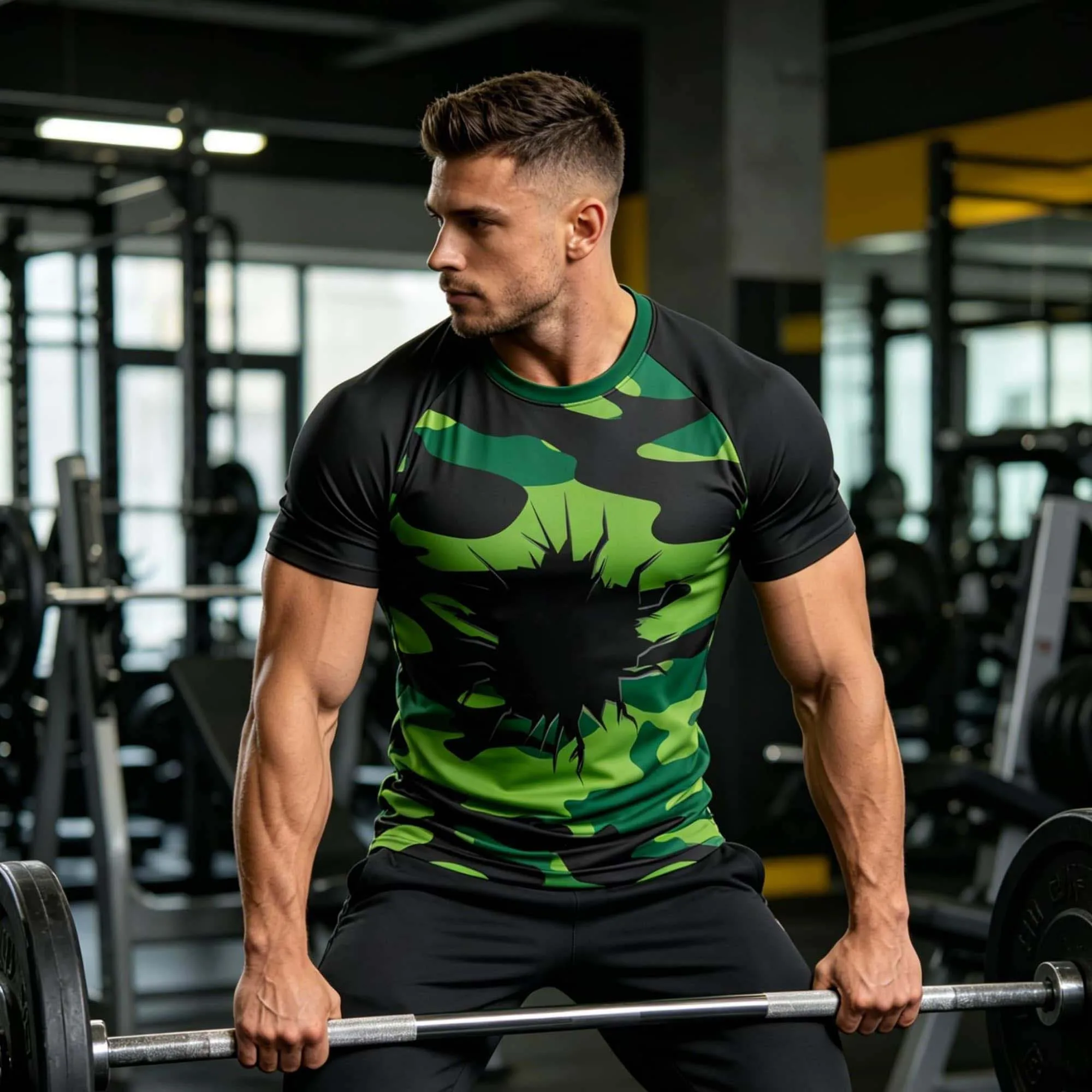 Tactical Camo Crack Shatter Graphic Men Slim Fit Football T Shirt Daily Outdoor Soccer Training Street Sportswear For Male