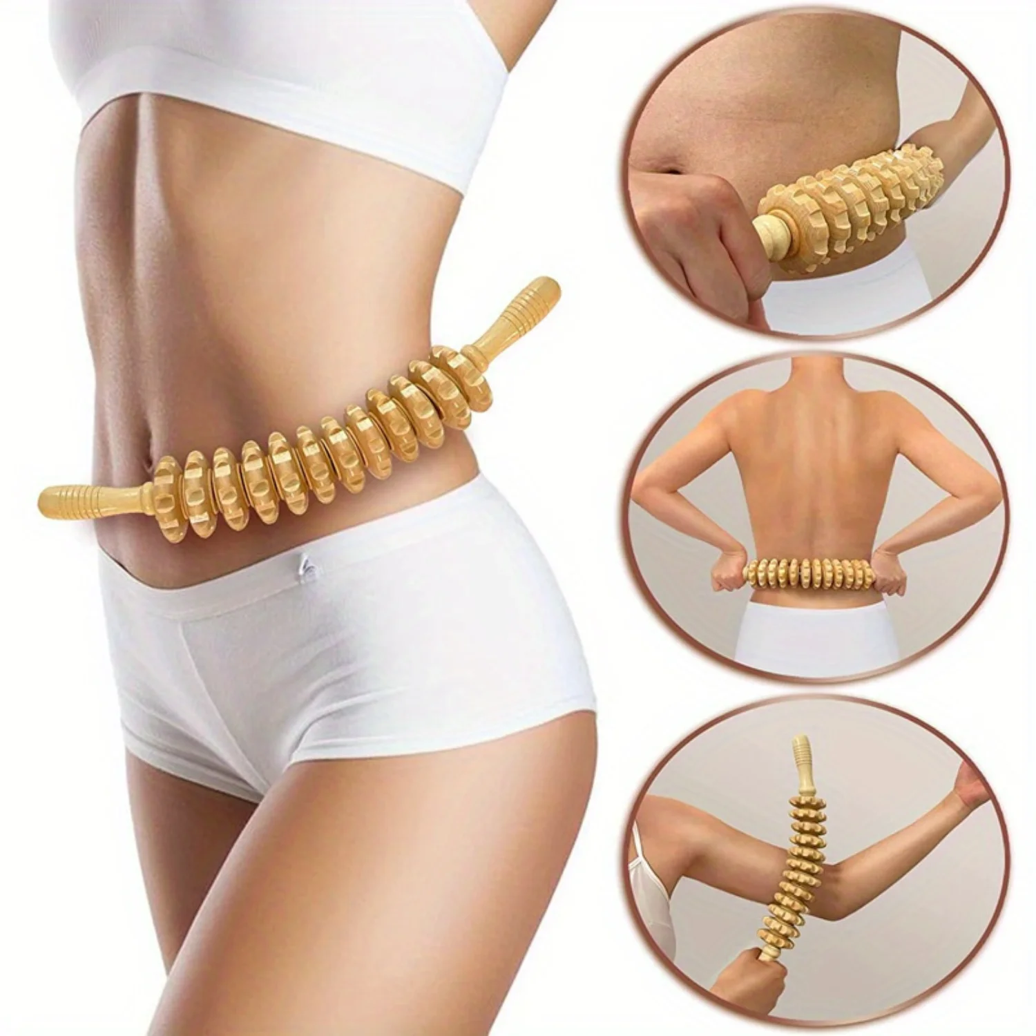 12-Wheel Wooden Massage Roller - Handheld Curved Therapy Stick for Trigger Point, Fascia & Cellulite Relief - Manual Body Care T