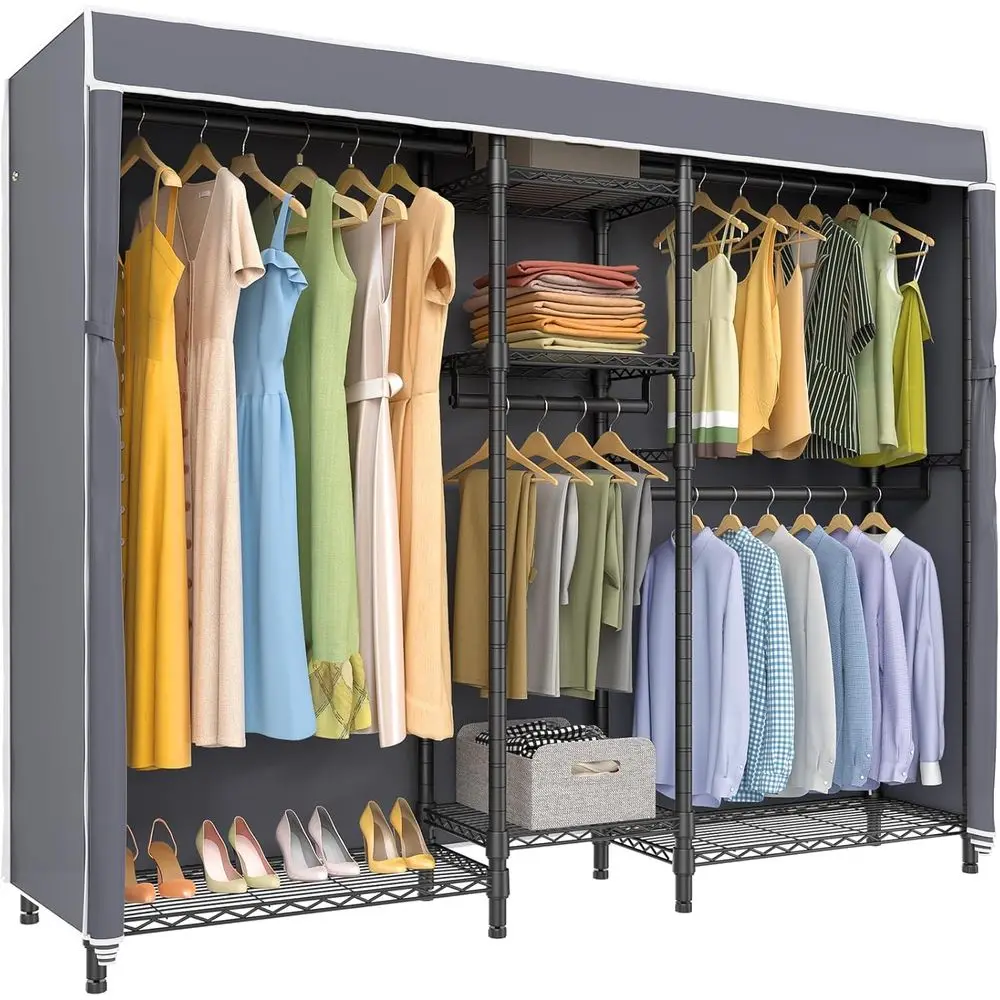 

Heavy-Duty 5-Shelf Portable Clothes Rack with Cover, Black Metal, 70.1L x 17.3W x 76.4H, Max Load 870 LBS