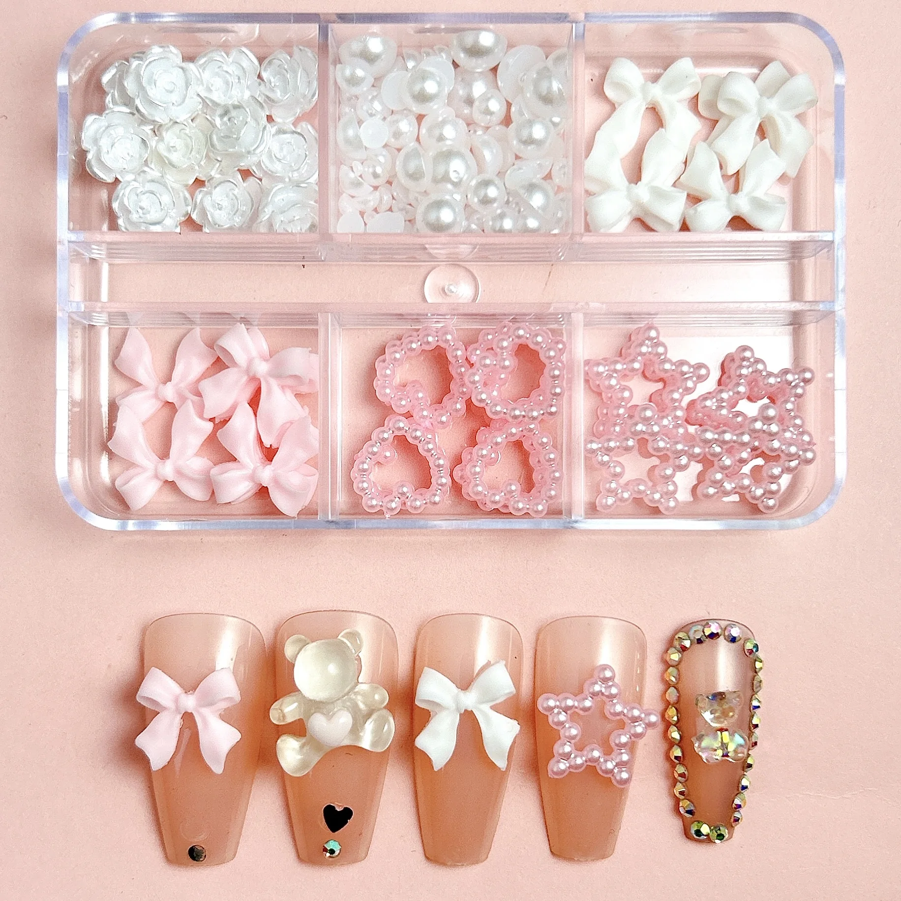 1Box Solid Color Minimalist Bow Flower Heart Resin Nail Art Decorations Mini Rhinestones Steel Balls Pearl Mixed Nail Charms DIY