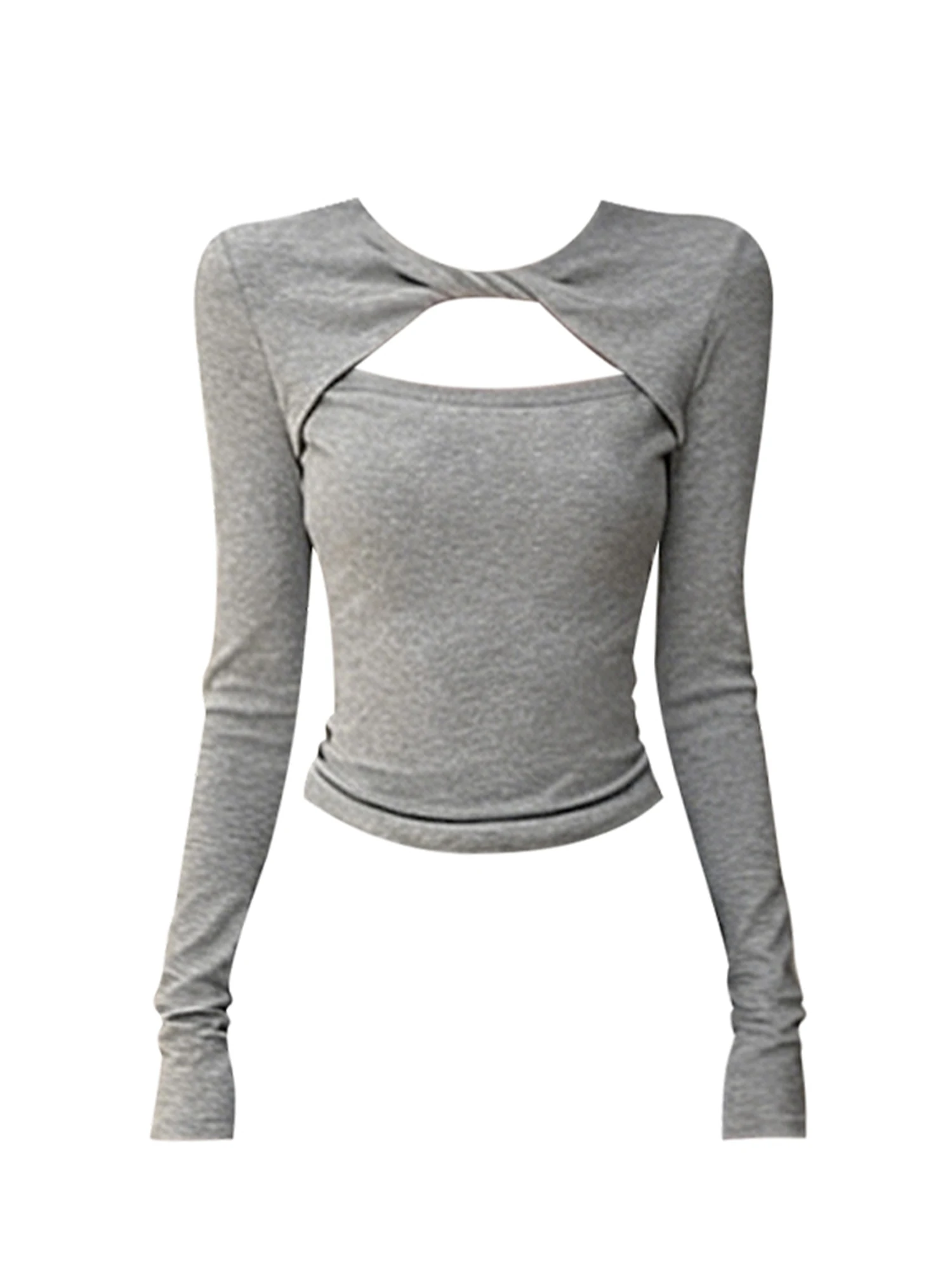 

Women Grey O-Neck T-shirt Lace Crop Top Y2k Gyaru Tee Top 2000s Vintage Fashion Long Sleeve Hollow T-shirt Clothes Spring Autumn