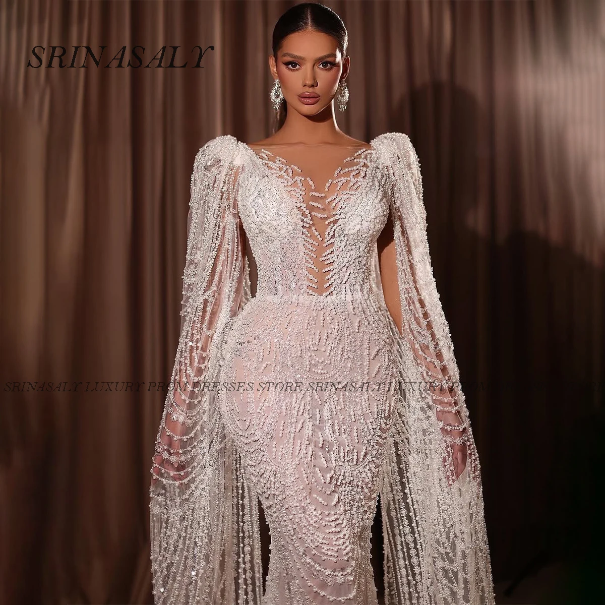 高級ダイヤモンドロングマーメイドウエディングドレスビーズクリスタルフォーマルイブニングパーティードレス女の子のためのレースカスタマイズされたvestidosデガラ