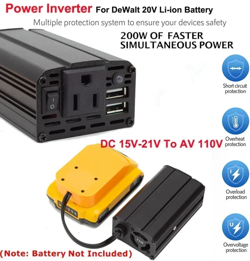 Inversor de fuente de alimentación portátil, 200W, Compatible con batería de litio Dewalt de 18V, CC 20V, potencia inalámbrica confiable, carga rápida