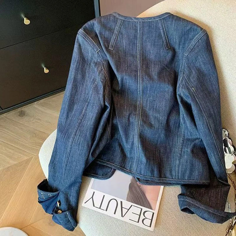 Women Deep Blue Bow Gold Single Row Hidden Buckle Design Denim Jacket Fashionable Style Round Neck Short Coat Spring Autumn New