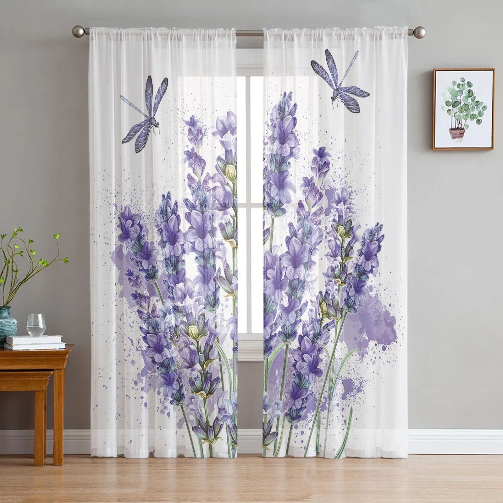 Purple Flower Lavender Dragonfly White Sheer Curtains for Living Room Decoration Window Curtain Kitchen Tulle Voile Drapes