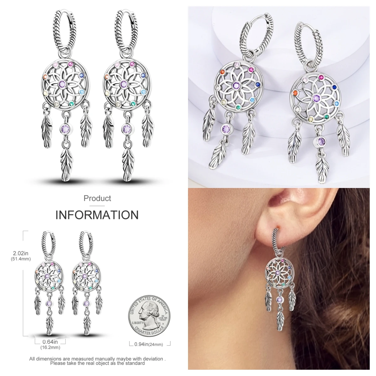 54 Style 100% 925 Sterling Silver Drop Earrings Dream Catcher Moon star Feather Heart Earring For Women Fine Zircon Jewelry Gift