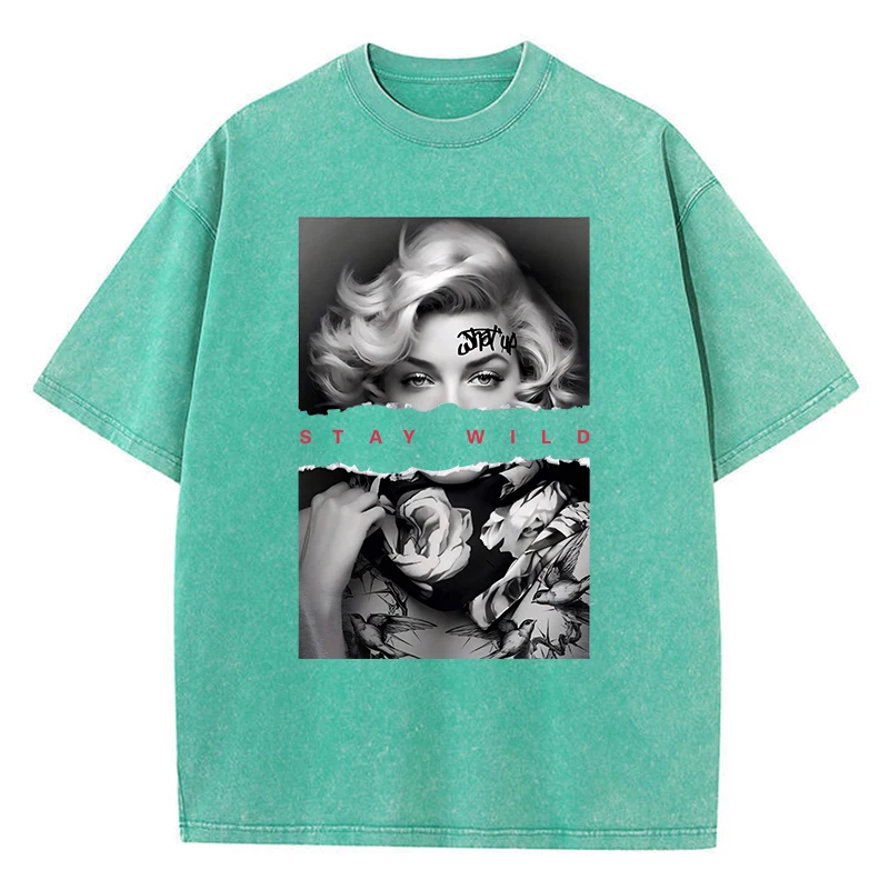 T-shirt lavata con stampa di poster di moda per donna T-shirt in cotone a maniche corte allentata casual con scollo a O Nuovo top oversize