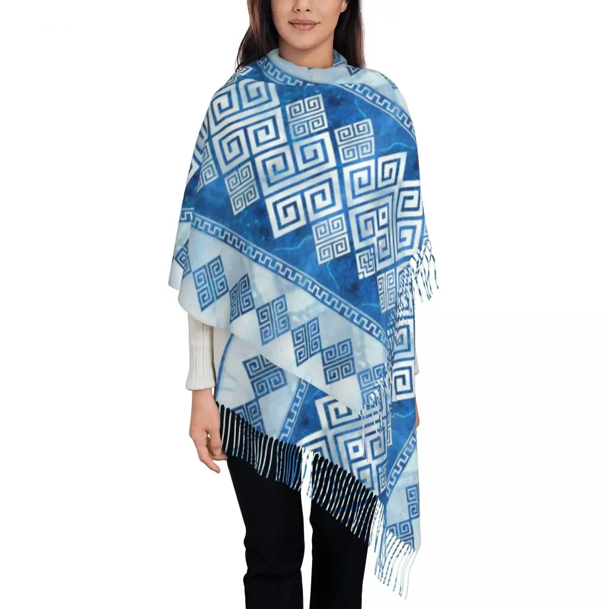 Fashion Greek Meander Tassel Scarf Women Winter Fall Warm Shawls Wraps Ladies  Key Blue Gemstone And Pearl Scarves