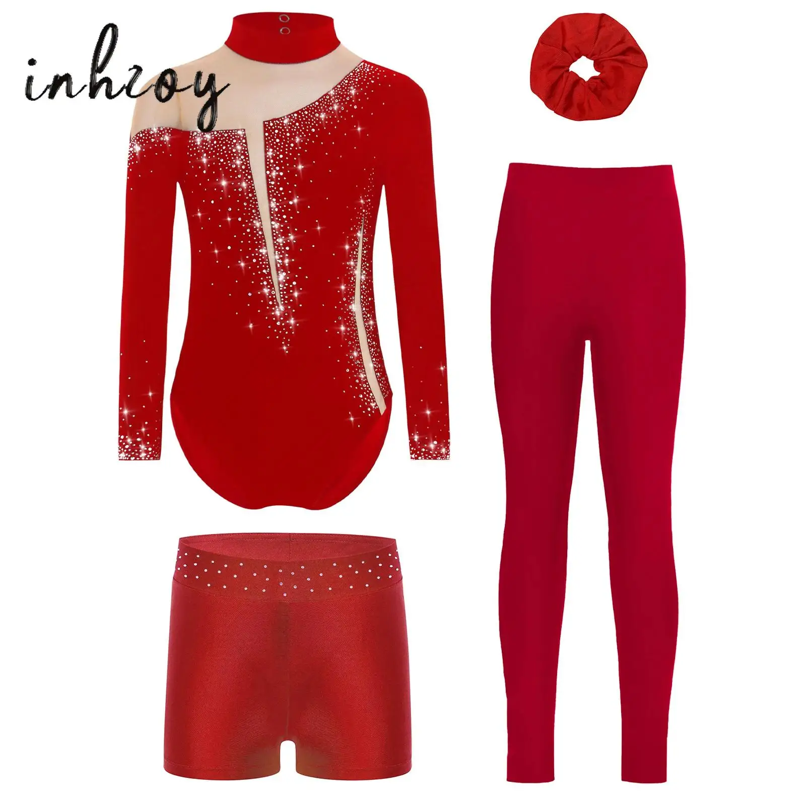 

4Pcs Kids Girls Gymnastics Unitard Dance Outfit Long Sleeve Mesh Patchwork Shiny Rhinestones Leotard+Shorts+Leggings+Hairband