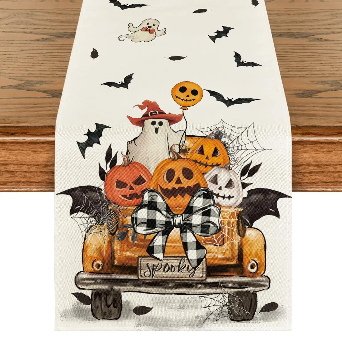 

Jack-O'-Lantern Pumpkins Ghost Spooky Orange Truck Halloween Table Runner, Kitchen Dining Table Decoration for Home Party Decor