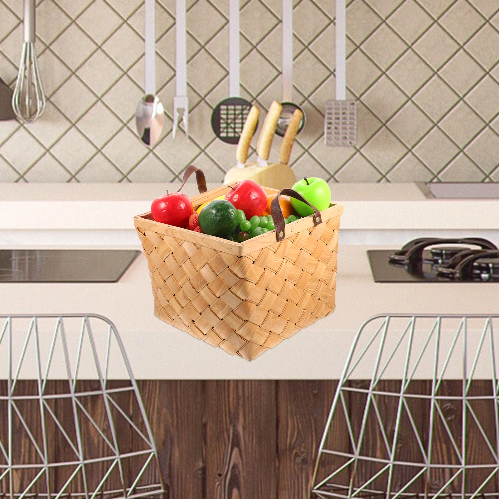 

Woven H Basket Shopping Wicker Fruit Cart Egg Laundry Storage Baskets Vegetable Outdoor Carrying Lightweight Sturdy Wood PU
