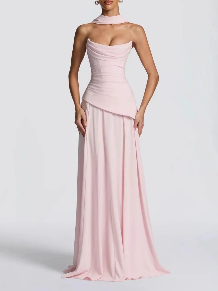 Elegant Chiffon Simple Evening Gown Strapless Cowl Neck Draped Detail Lace-up Back Convertible Scarf Maxi Dress Prom Wedding view 2