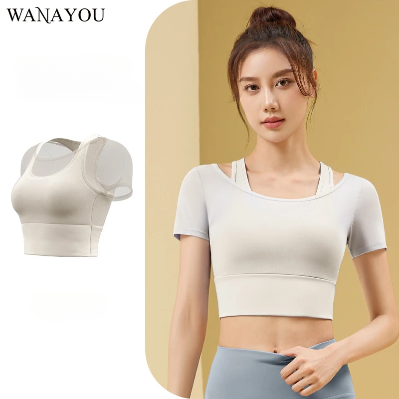 

Mesh Splicing Women Yoga Shirts Built-in Pads Sport Crop Tops Short Sleeves Gym Fitness Vest Quick Drying Top Womens Clothing