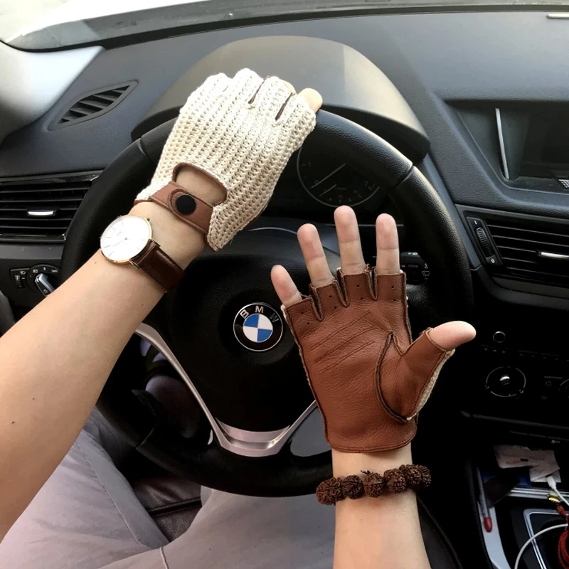 Autumn Winter Men\'s Wool Knitted Goatskin Gloves Locomotive mitten Car Driving Motorcycle Genuine Men Leather Gloves