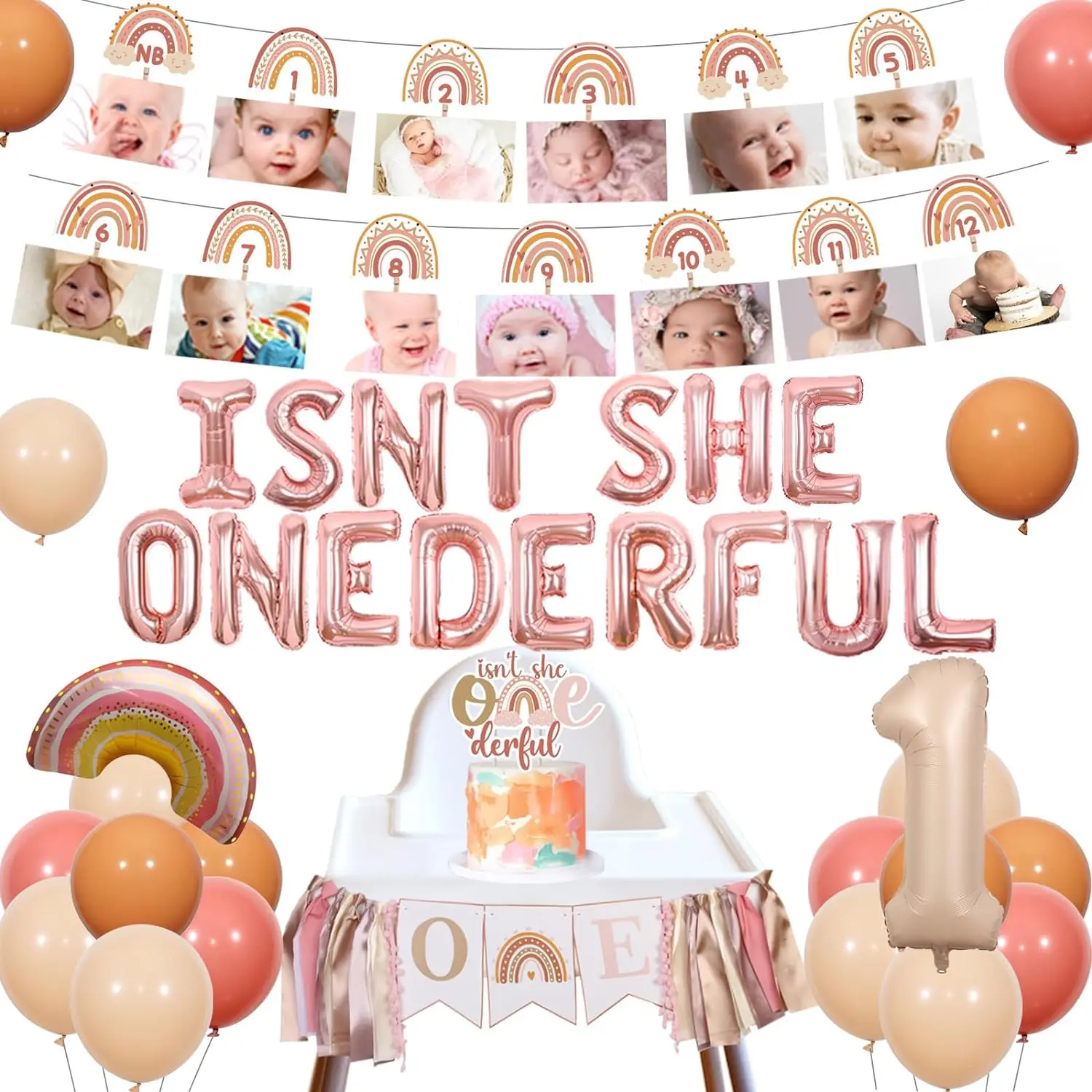 

Boho Rainbow 1st Birthday Decor Isn't She Onederful Balloon Bohemian Rainbow Baby Monthly Photo Highchair Banner Neutral