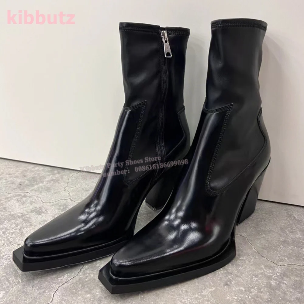 Chelsea Ankle Boots Soft Genuine Leather Solid Color Black Pointed Toe Square Heel Side Zipper Fashion Sexy Elegant Women Shoes