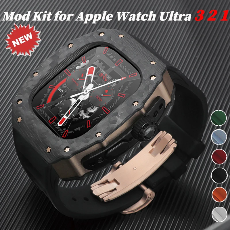 

Carbon Fiber Titanium Metal Case Luxury Modification Kit Rubber Strap Compatible for Apple Watch Ultra 3 2 1 49mm Wristband