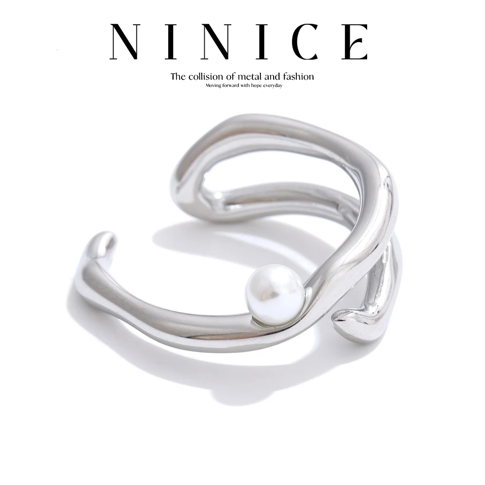NiNice Rings Stainless Steel Jewelry Woman Geometric Pearl Opening High-Quality Accessories Fashionable Simple Gifts New