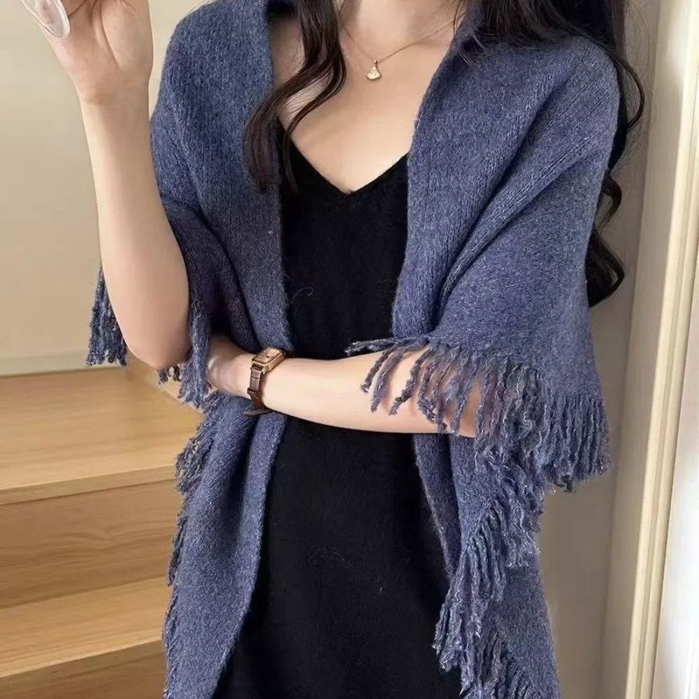 

Повседневный треугольный вязаный шарф с кисточками, утолщенный мягкий свитер, шаль, накидка, зимняя теплая накидка на шею, вязаный шарф-снуд