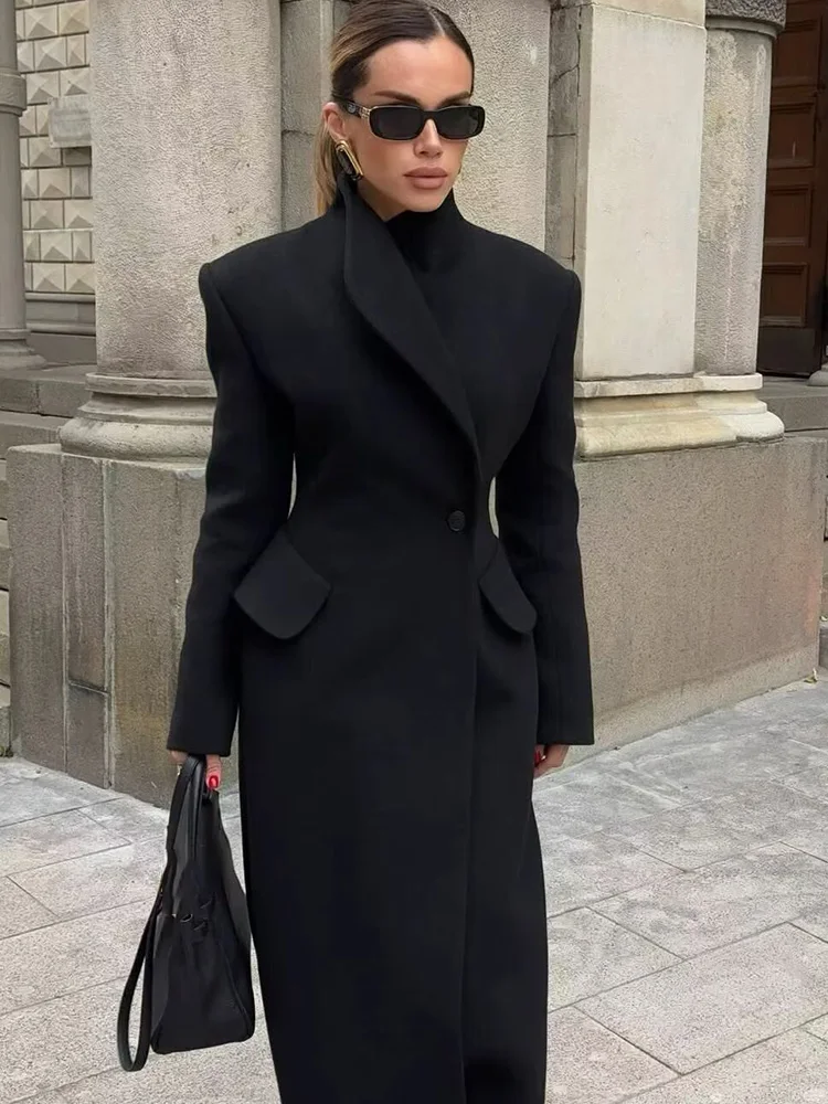 HH Dames Herfst Winter Mode Lange Mouw Rever Zakken Jas Vrouwelijk Simpel Temperament Streetwear Enkelknoops Lange Jas