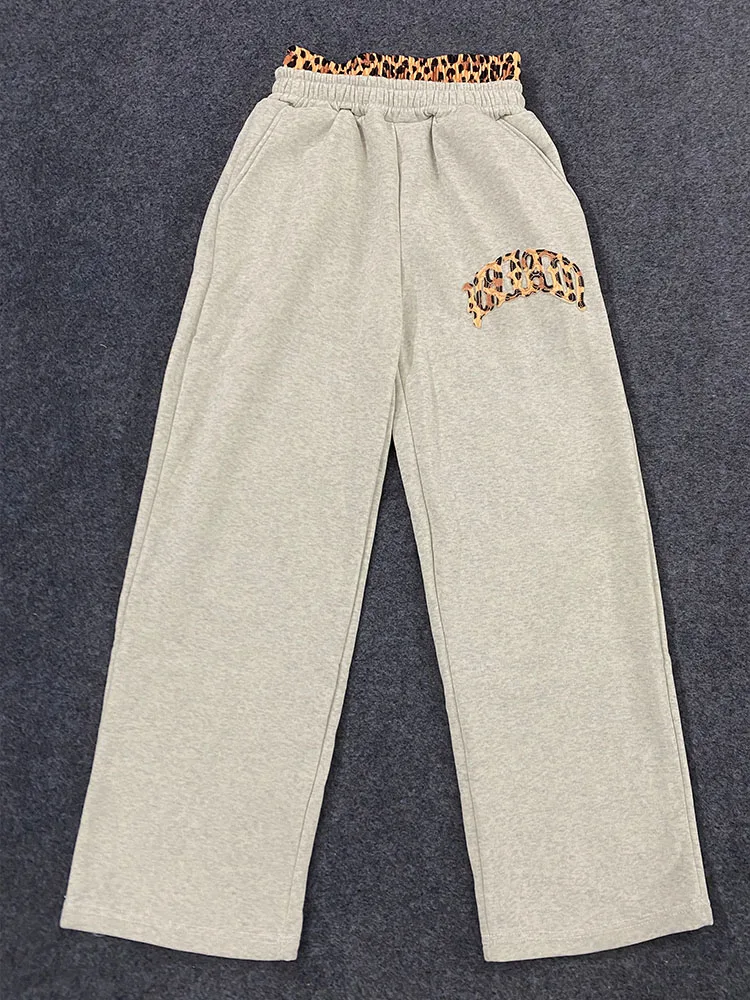 Autumn Winter Leopard Print Camouflage Letter Patchwork Double Waistband Straight Pants Y2K High Street Harajuku Hip Hop Slacks
