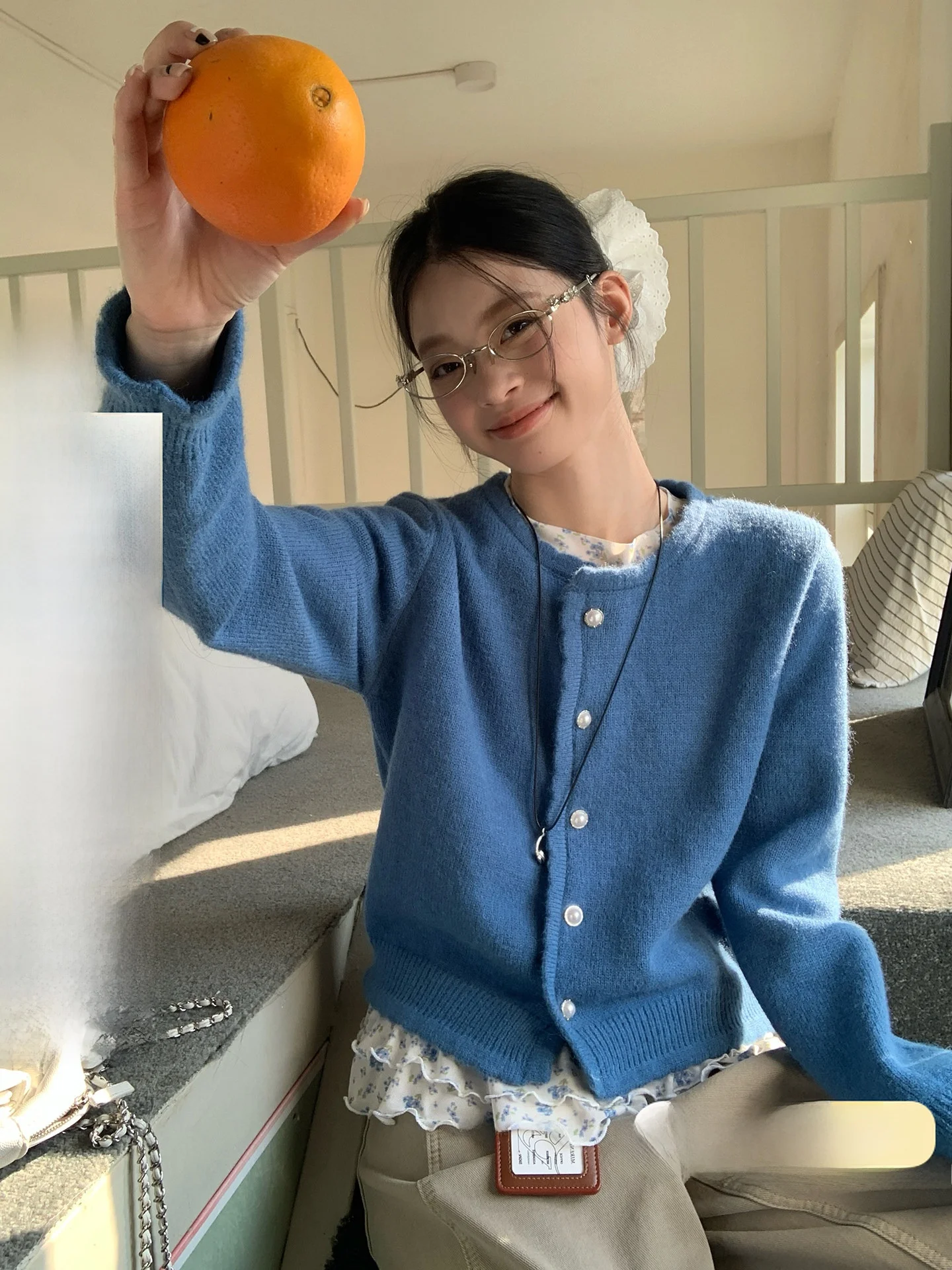 

Soft Blue Knitted Open Cardigan Women's Spring New Unique Beautiful Miu Style Sweater Commute Style Loose Fit Long Sleeve